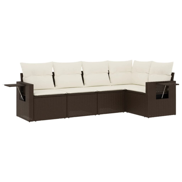 5 pcs conjunto sofás p/ jardim c/ almofadões vime PE castanho M 2