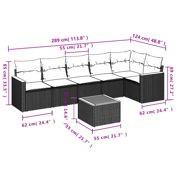 7 pcs conjunto de sofás p/ jardim c/ almofadões vime PE preto M 3