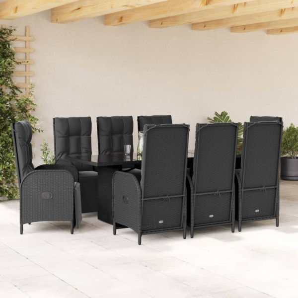 Set de comedor de jardín 9 pzas y cojines ratán sintético negro D