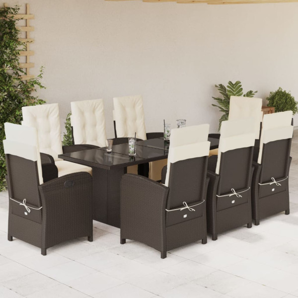 Set comedor para jardín 9 pzas y cojines ratán sintético marrón D