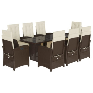 Set comedor para jardín 9 pzas y cojines ratán sintético marrón H