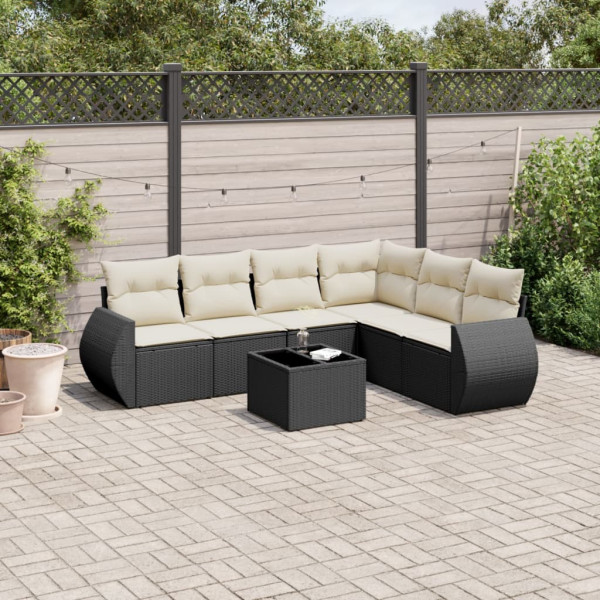 7 pcs conjunto de sofás p/ jardim c/ almofadões vime PE preto D