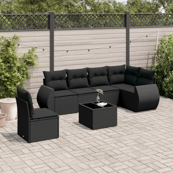 7 pcs conjunto de sofás p/ jardim c/ almofadões vime PE preto D
