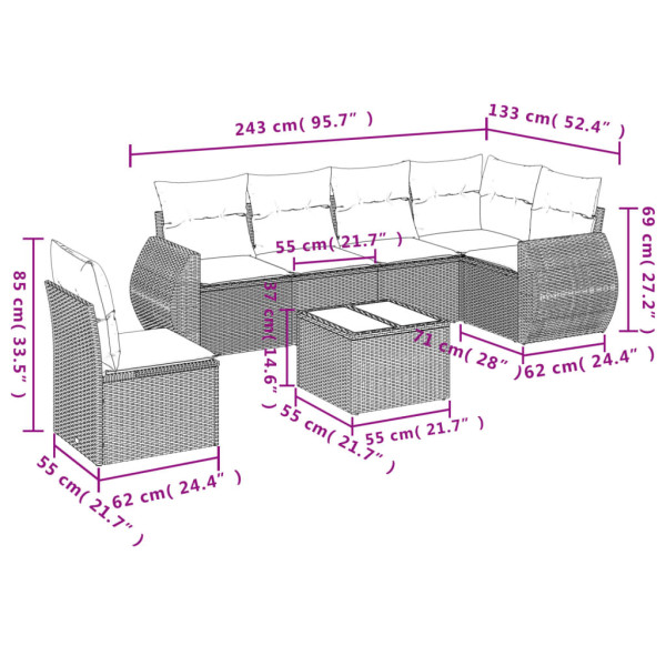 7 pcs conjunto de sofás p/ jardim c/ almofadões vime PE preto M 3