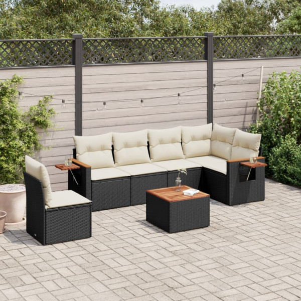 7 pcs conjunto de sofás p/ jardim c/ almofadões vime PE preto D