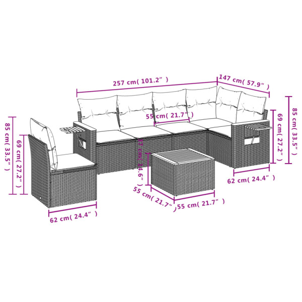 7 pcs conjunto de sofás p/ jardim c/ almofadões vime PE preto M 3
