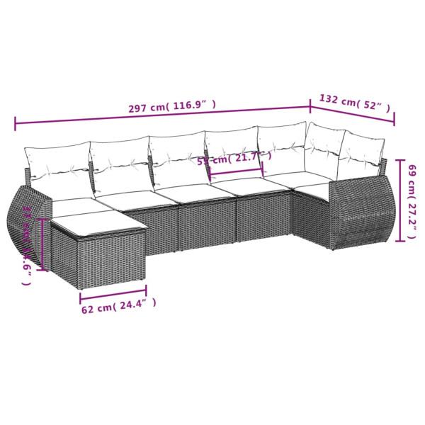 Set de comedor de jardín 7 pzas y cojines ratán sintético negro M 3