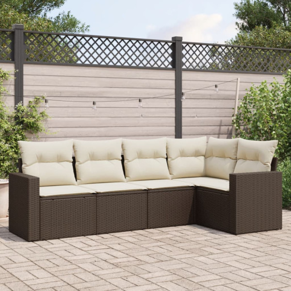 5 pcs conjunto sofás p/ jardim c/ almofadões vime PE castanho D