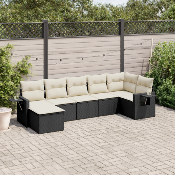 7 pcs conjunto de sofás p/ jardim c/ almofadões vime PE preto D