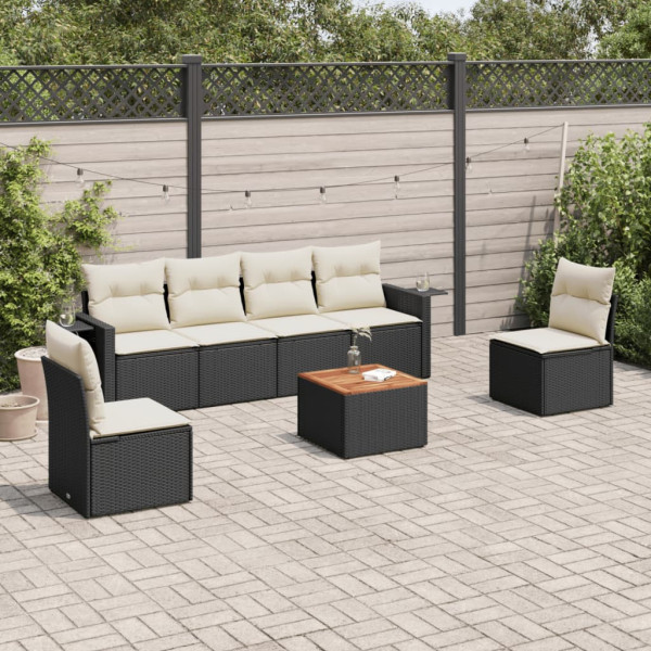 Set de comedor de jardín 7 pzas y cojines ratán sintético negro D