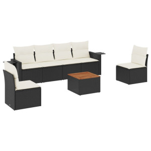 Set de comedor de jardín 7 pzas y cojines ratán sintético negro H