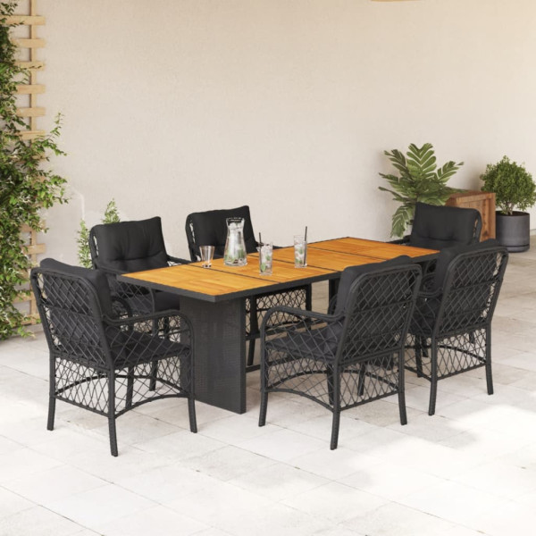 Set de comedor de jardín 7 pzas y cojines ratán sintético negro D