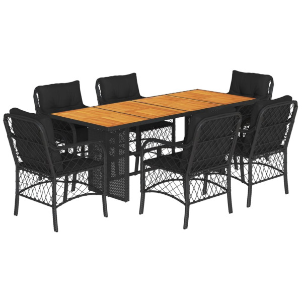 Set de comedor de jardín 7 pzas y cojines ratán sintético negro M 2