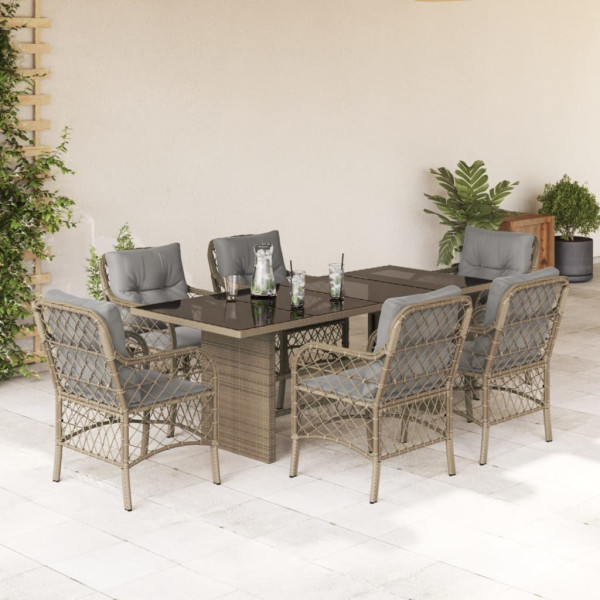 7 pcs conj. jantar jardim c/ almofadões vime PE bege misturado D