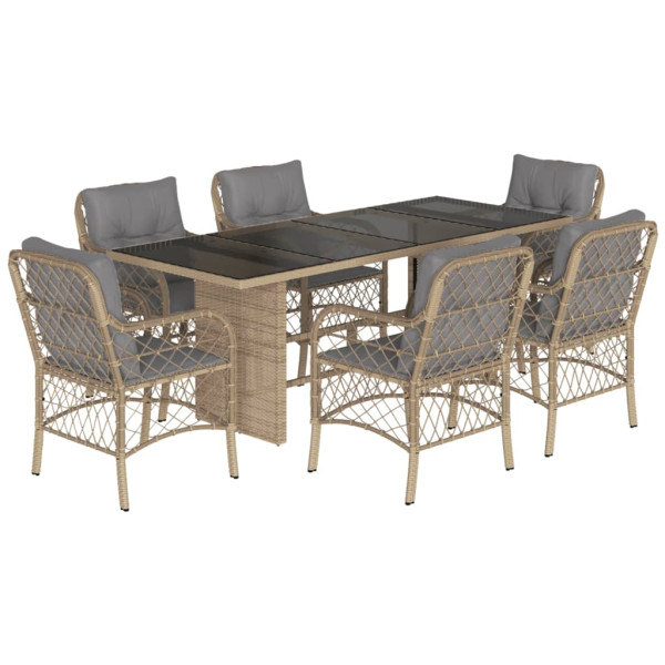 7 pcs conj. jantar jardim c/ almofadões vime PE bege misturado M 2