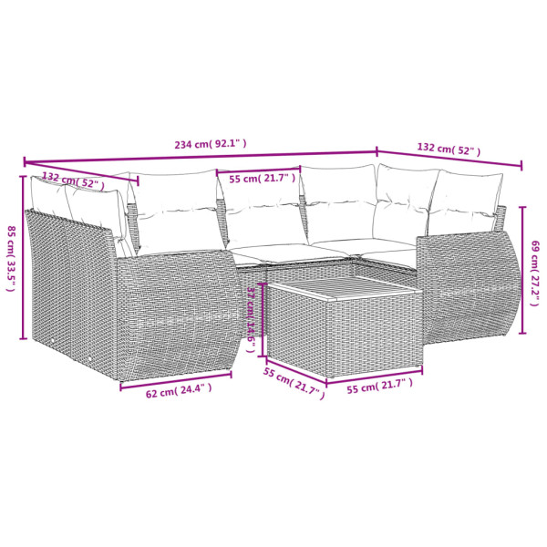 7 pcs conjunto de sofás p/ jardim c/ almofadões vime PE preto M 3