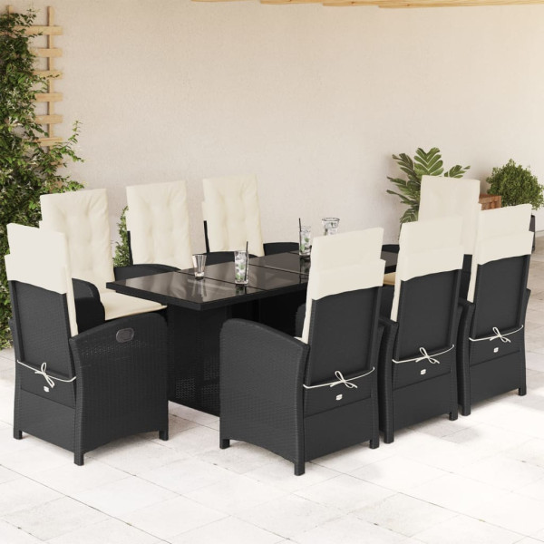 9 pcs conjunto de jantar p/ jardim c/ almofadões vime PE preto D