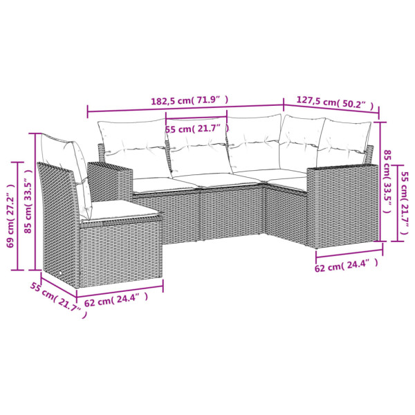 Set comedor de jardín 5 piezas y cojines ratán sintético marrón M 3