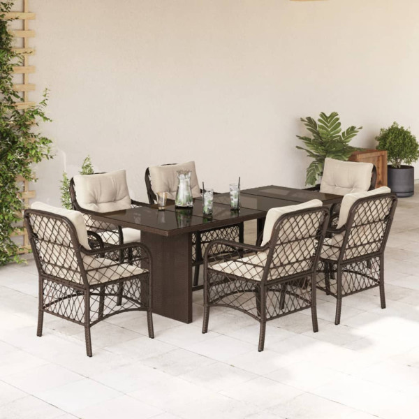 Set comedor de jardín 7 pzas con cojines ratán sintético marrón D