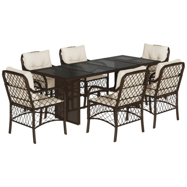 7 pcs conjunto jantar p/ jardim c/ almofadões vime PE castanho M 2
