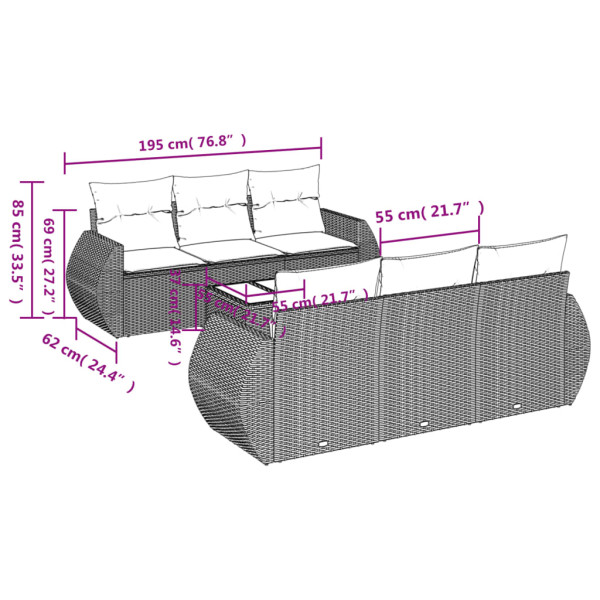 Set de comedor de jardín 7 pzas y cojines ratán sintético negro M 3