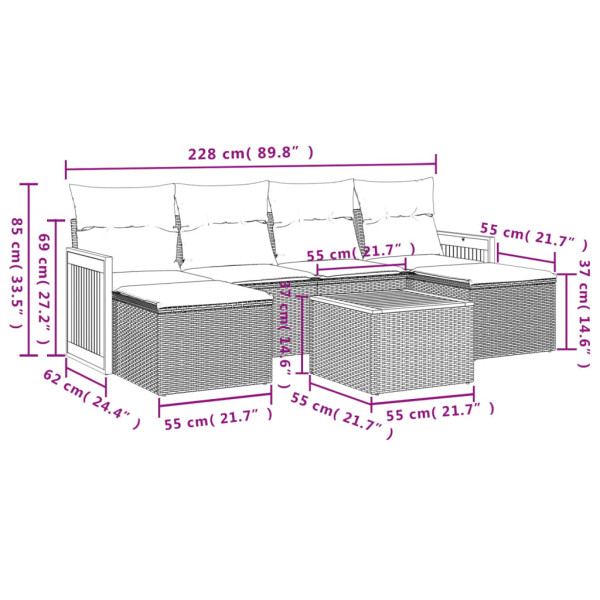 Set de comedor de jardín 7 pzas y cojines ratán sintético negro M 3