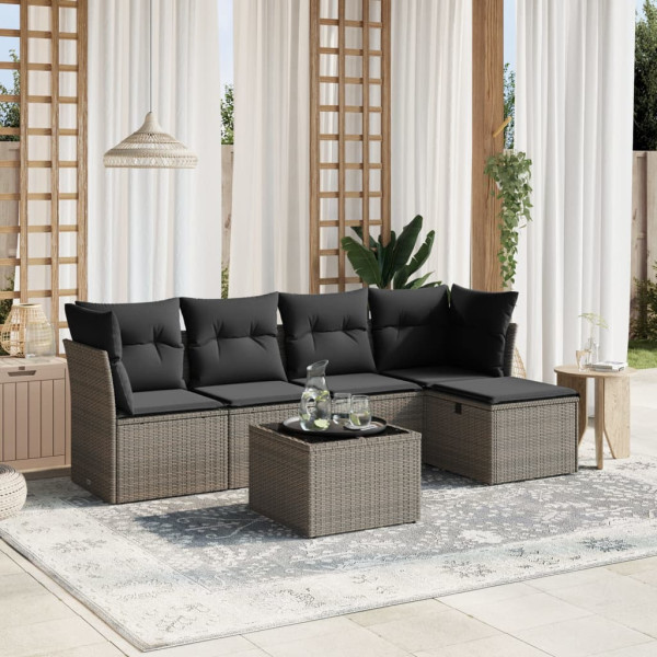 Set de muebles de jardín 6 pzas y cojines ratán sintético gris D