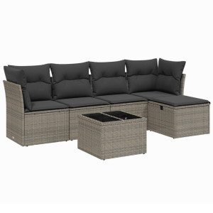 Set de muebles de jardín 6 pzas y cojines ratán sintético gris H