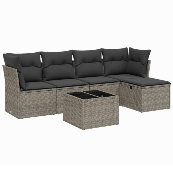 Set de muebles de jardín 6 pzas y cojines ratán sintético gris M 2