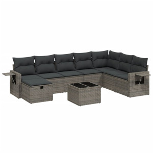 Set de muebles de jardín 9 pzas y cojines ratán sintético gris H