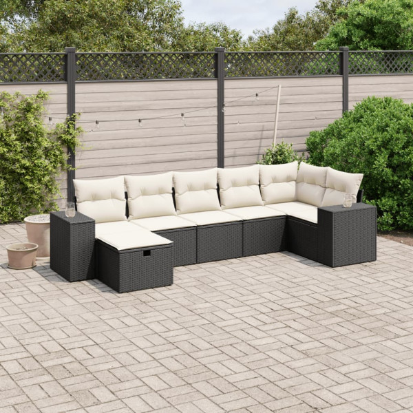 7 pcs conjunto de sofás p/ jardim c/ almofadões vime PE preto D