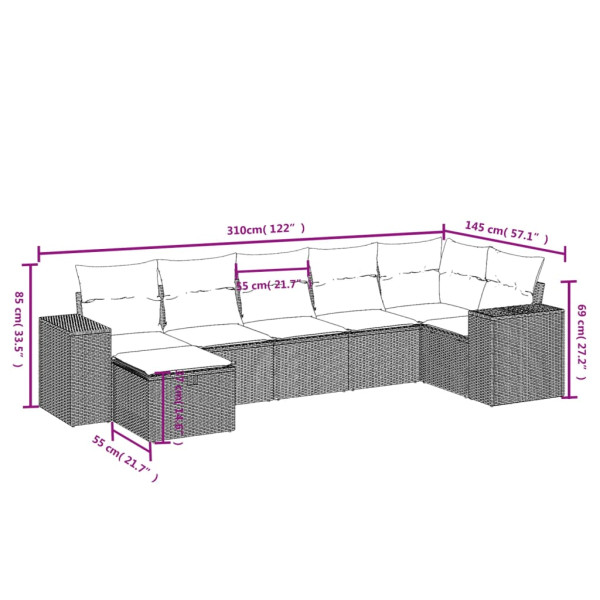 7 pcs conjunto de sofás p/ jardim c/ almofadões vime PE preto M 3