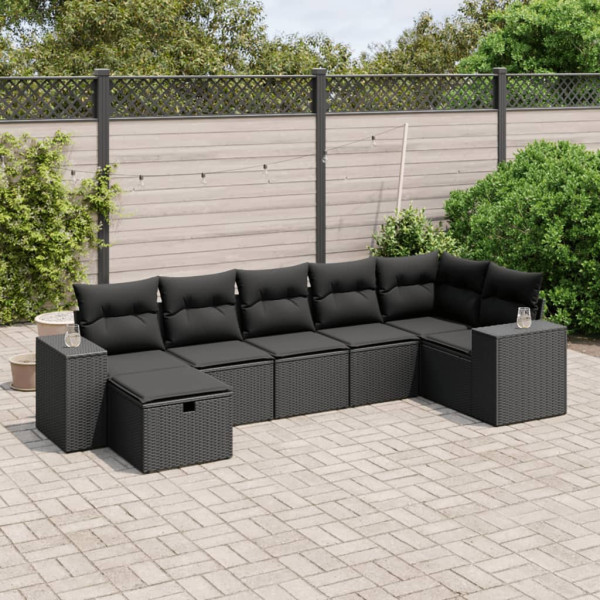 Set de comedor de jardín 7 pzas y cojines ratán sintético negro D