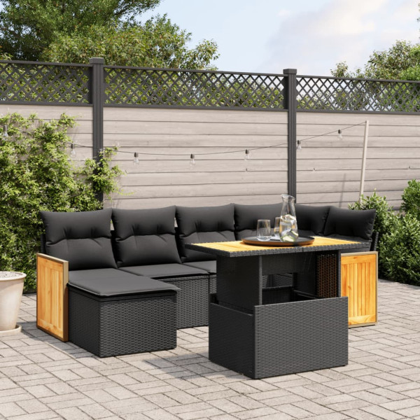 7 pcs conjunto de sofás p/ jardim c/ almofadões vime PE preto D