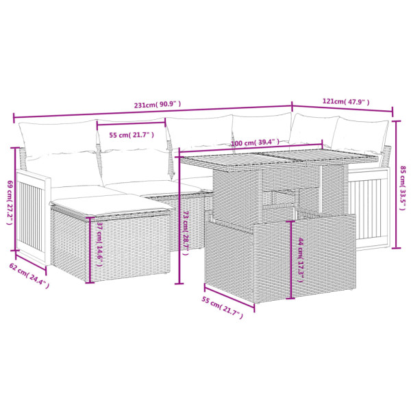 Set de comedor de jardín 7 pzas y cojines ratán sintético negro M 2