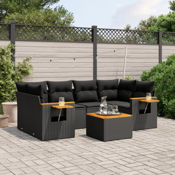 7 pcs conjunto de sofás p/ jardim c/ almofadões vime PE preto D