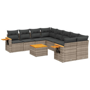 Set de muebles de jardín 9 pzas y cojines ratán sintético gris H
