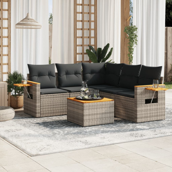 Set de muebles de jardín 6 pzas y cojines ratán sintético gris D