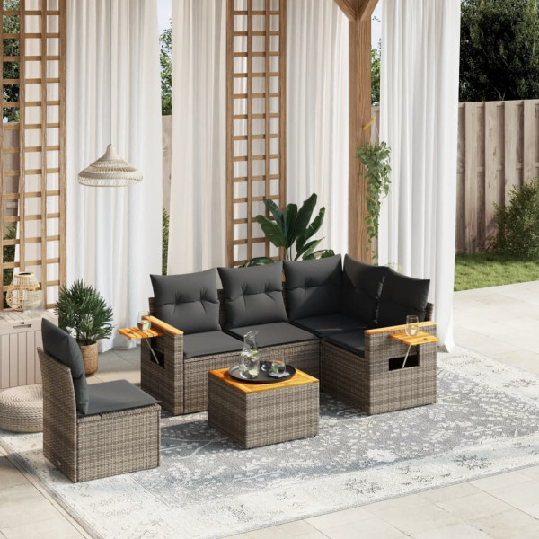 Set de muebles de jardín 6 pzas y cojines ratán sintético gris D
