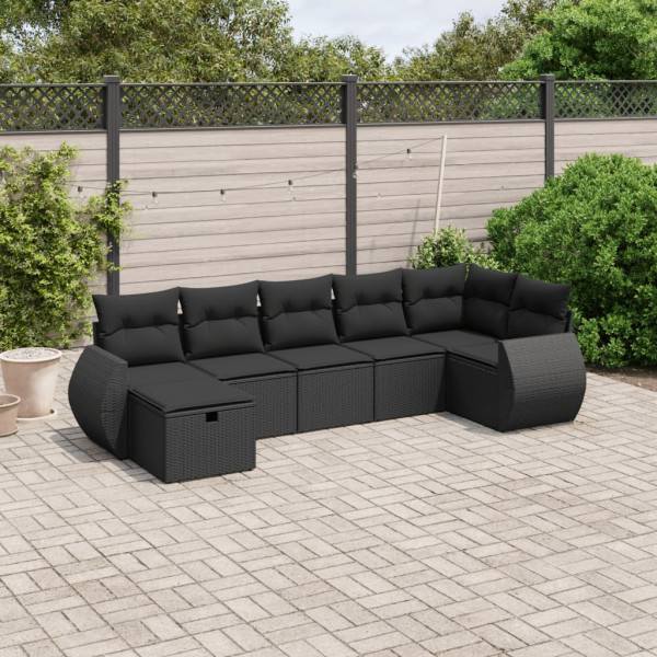 7 pcs conjunto de sofás p/ jardim c/ almofadões vime PE preto D