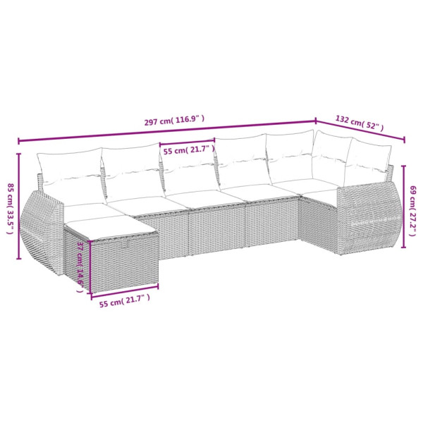 7 pcs conjunto de sofás p/ jardim c/ almofadões vime PE preto M 3