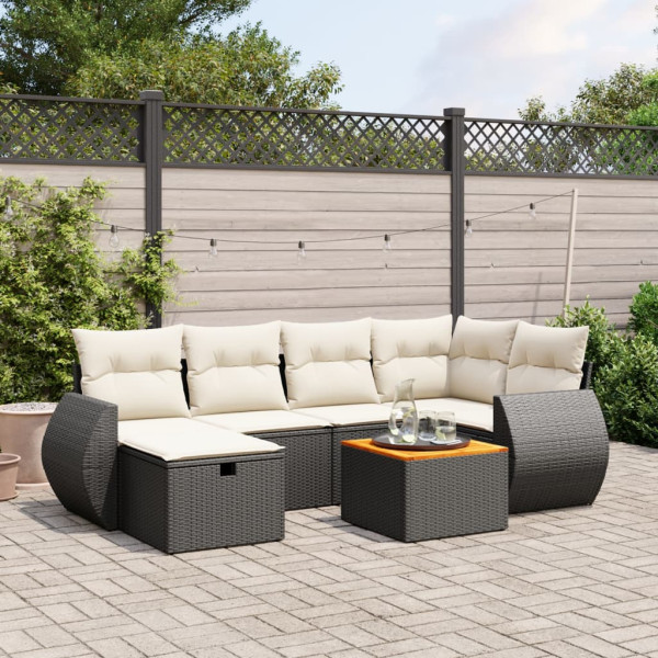 Set de comedor de jardín 7 pzas y cojines ratán sintético negro D