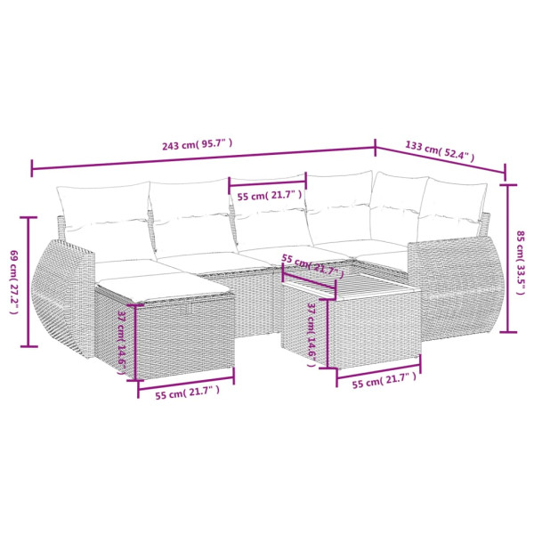 Set de comedor de jardín 7 pzas y cojines ratán sintético negro M 3