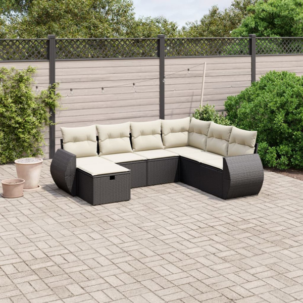 Set de comedor de jardín 7 pzas y cojines ratán sintético negro D