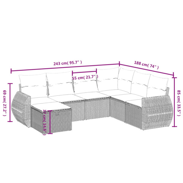 Set de comedor de jardín 7 pzas y cojines ratán sintético negro M 3