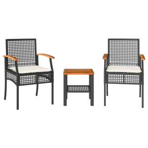 Mesita y sillas con cojines 3 pzas ratán PE madera acacia negro H
