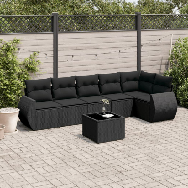 7 pcs conjunto de sofás p/ jardim c/ almofadões vime PE preto D