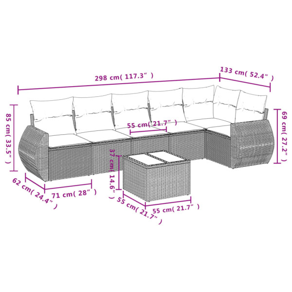Set de comedor de jardín 7 pzas y cojines ratán sintético negro M 3