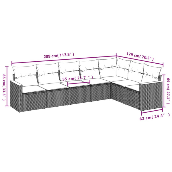 7 pcs conjunto de sofás p/ jardim c/ almofadões vime PE preto M 3