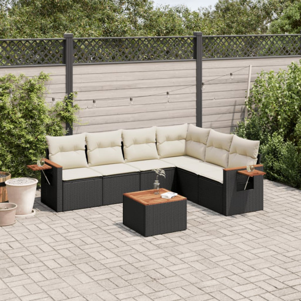 7 pcs conjunto de sofás p/ jardim c/ almofadões vime PE preto D